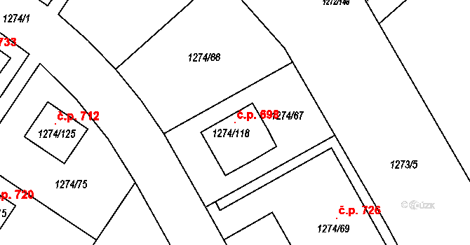 Město Touškov 698 na parcele st. 1274/118 v KÚ Město Touškov, Katastrální mapa