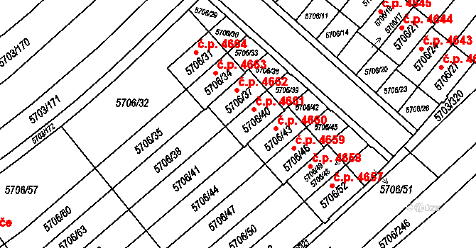 Jihlava 4661 na parcele st. 5706/40 v KÚ Jihlava, Katastrální mapa