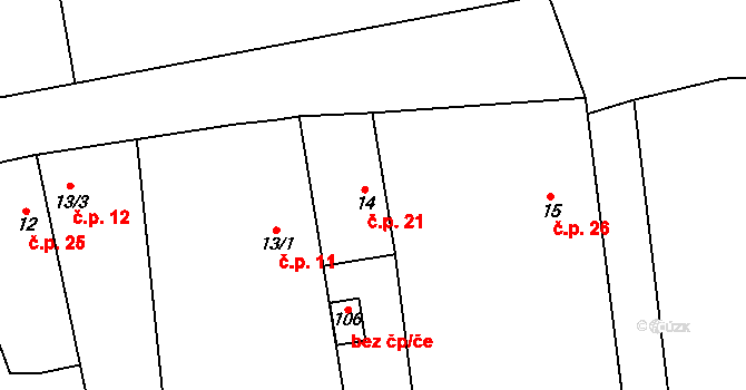 Podolí 21, Rožďalovice na parcele st. 14 v KÚ Podolí u Rožďalovic, Katastrální mapa