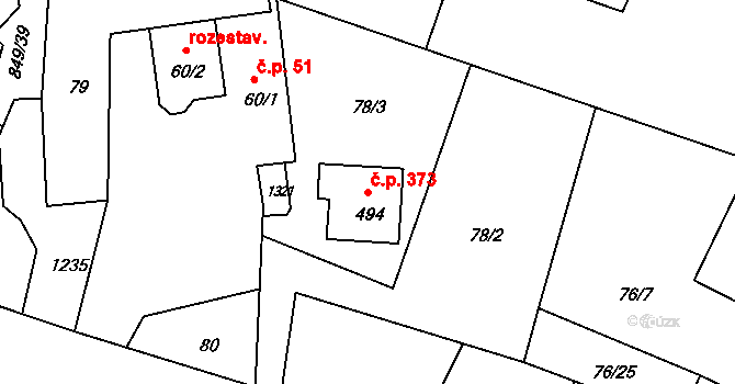 Lázně Toušeň 373 na parcele st. 494 v KÚ Lázně Toušeň, Katastrální mapa