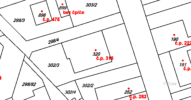 Horoměřice 316 na parcele st. 320 v KÚ Horoměřice, Katastrální mapa