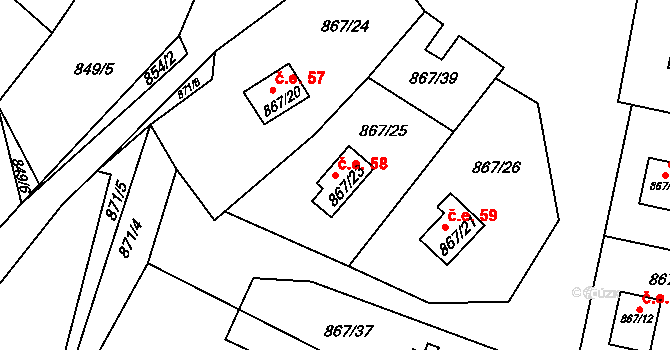 Stvolínky 58 na parcele st. 867/23 v KÚ Stvolínky, Katastrální mapa