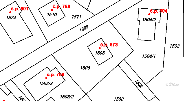 Nový Bor 673 na parcele st. 1505 v KÚ Nový Bor, Katastrální mapa