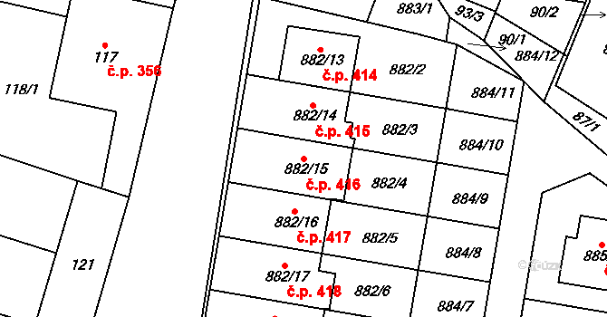 Měnín 416 na parcele st. 882/15 v KÚ Měnín, Katastrální mapa