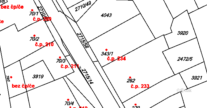 Milotice 234 na parcele st. 343/1 v KÚ Milotice u Kyjova, Katastrální mapa