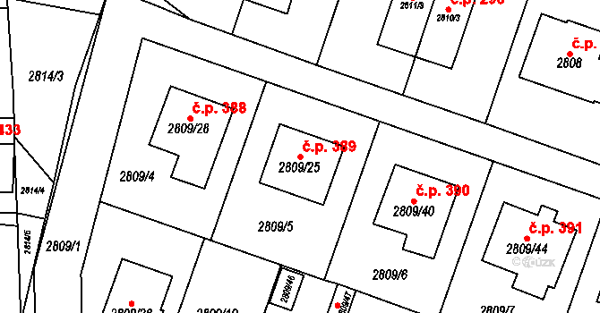 Nosálovice 389, Vyškov na parcele st. 2809/25 v KÚ Vyškov, Katastrální mapa