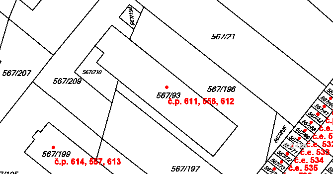 Vyškov-Předměstí 556,611,612, Vyškov na parcele st. 567/93 v KÚ Vyškov, Katastrální mapa