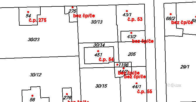 Hovorčovice 54 na parcele st. 451 v KÚ Hovorčovice, Katastrální mapa