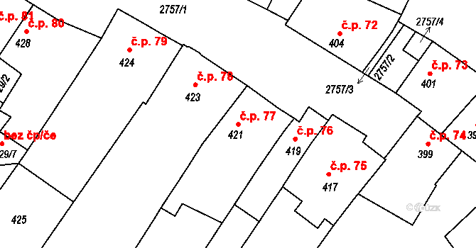 Dačice I 77, Dačice na parcele st. 421 v KÚ Dačice, Katastrální mapa