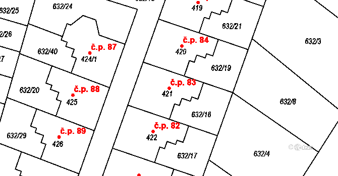 Radvánovice 83, Karlovice na parcele st. 421 v KÚ Karlovice, Katastrální mapa