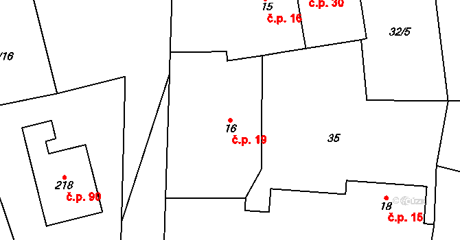 Charvatce 19 na parcele st. 16 v KÚ Charvatce u Jabkenic, Katastrální mapa