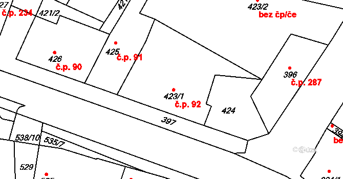 Kosmonosy 92 na parcele st. 423/1 v KÚ Kosmonosy, Katastrální mapa