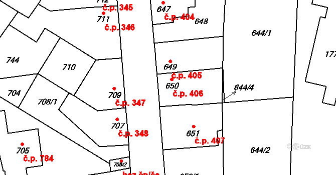 Kosmonosy 406 na parcele st. 650 v KÚ Kosmonosy, Katastrální mapa