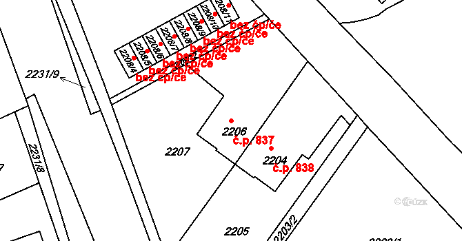 Hulín 837 na parcele st. 2206 v KÚ Hulín, Katastrální mapa