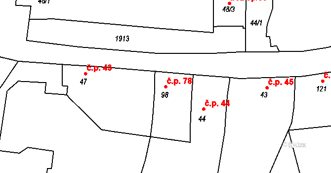 Oráčov 78 na parcele st. 98 v KÚ Oráčov, Katastrální mapa