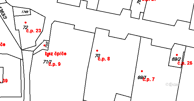 Smilovice 8 na parcele st. 70 v KÚ Smilovice, Katastrální mapa