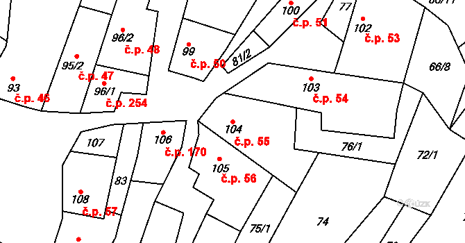 Třebenice 55 na parcele st. 104 v KÚ Třebenice, Katastrální mapa