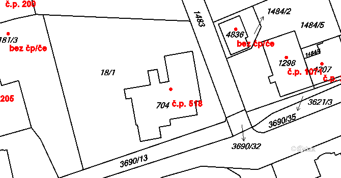 Rožnov pod Radhoštěm 518 na parcele st. 704 v KÚ Rožnov pod Radhoštěm, Katastrální mapa