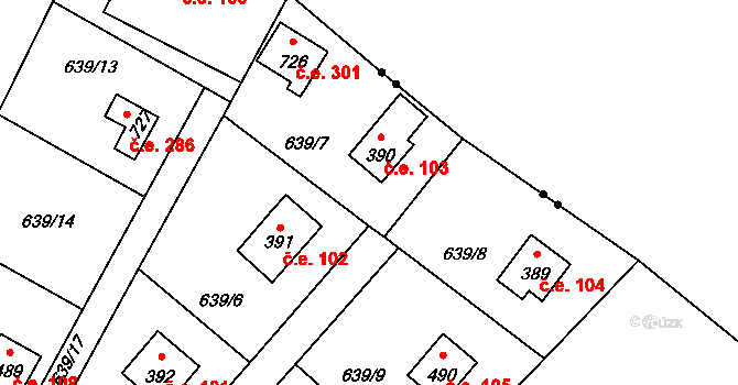 Chocerady 103 na parcele st. 390 v KÚ Chocerady, Katastrální mapa