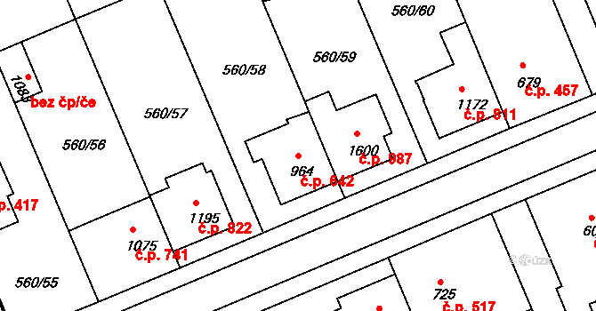 Podklášteří 642, Třebíč na parcele st. 964 v KÚ Podklášteří, Katastrální mapa