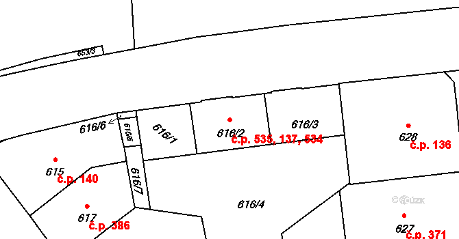 Veveří 137,534,535, Brno na parcele st. 616/2 v KÚ Veveří, Katastrální mapa