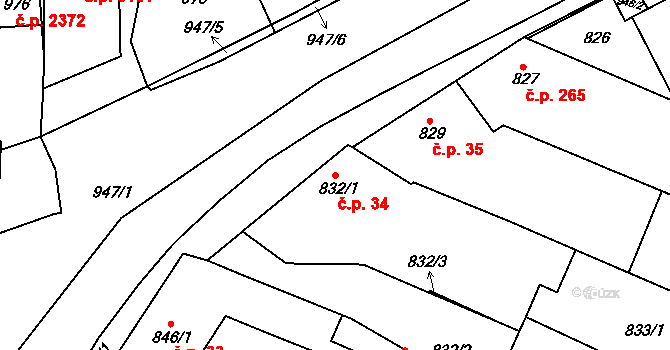 Žabovřesky 34, Brno na parcele st. 832/1 v KÚ Žabovřesky, Katastrální mapa