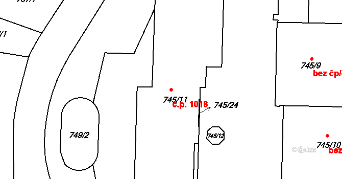 Smíchov 1018, Praha na parcele st. 745/11 v KÚ Smíchov, Katastrální mapa