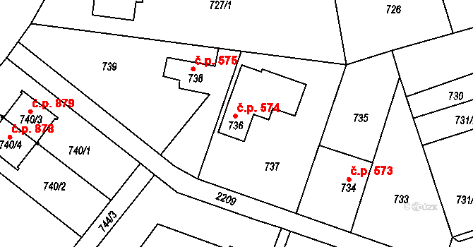 Stodůlky 574, Praha na parcele st. 736 v KÚ Stodůlky, Katastrální mapa