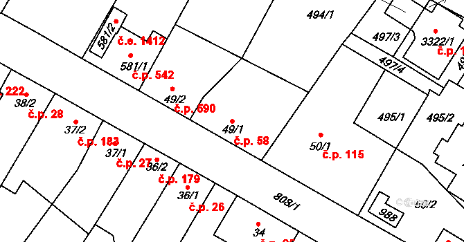 Sezimovo Ústí 58 na parcele st. 49/1 v KÚ Sezimovo Ústí, Katastrální mapa