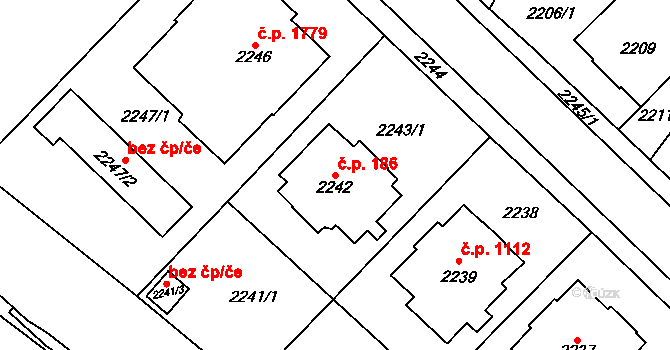 Chomutov 186 na parcele st. 2242 v KÚ Chomutov I, Katastrální mapa