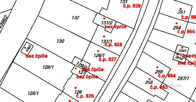 Jirkov 827 na parcele st. 129/1 v KÚ Jirkov, Katastrální mapa