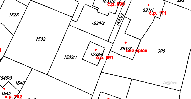 Rumburk 1 691, Rumburk na parcele st. 1533/4 v KÚ Rumburk, Katastrální mapa