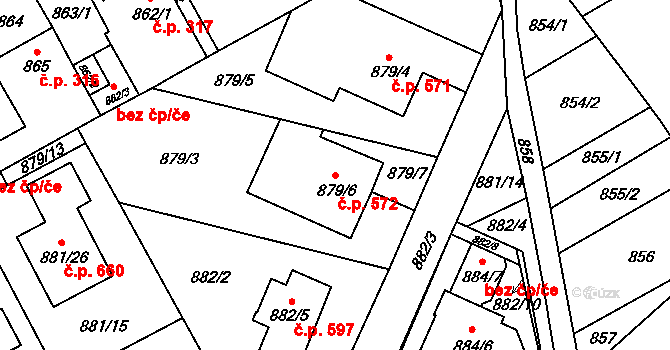 Zbýšov 572 na parcele st. 879/6 v KÚ Zbýšov u Oslavan, Katastrální mapa