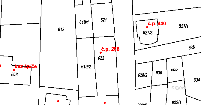 Ochoz u Brna 265 na parcele st. 622 v KÚ Ochoz u Brna, Katastrální mapa