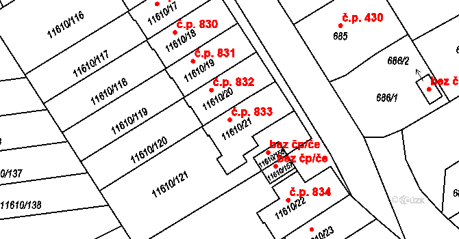 Severní Předměstí 833, Plzeň na parcele st. 11610/21 v KÚ Plzeň, Katastrální mapa
