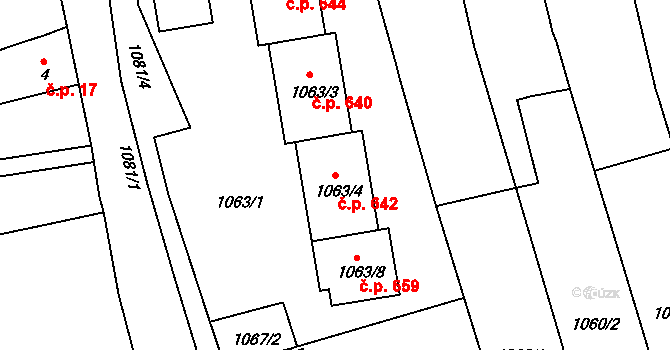 Horní Heršpice 642, Brno na parcele st. 1063/4 v KÚ Horní Heršpice, Katastrální mapa