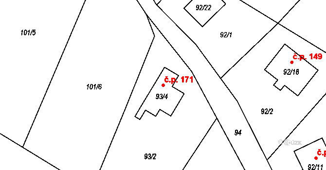 Okrouhlá 171 na parcele st. 93/4 v KÚ Okrouhlá u Nového Boru, Katastrální mapa
