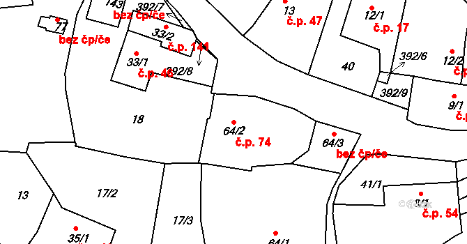 Borek 74, Rokycany na parcele st. 64/2 v KÚ Borek u Rokycan, Katastrální mapa