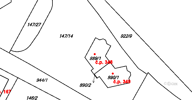 Humny 348, Pchery na parcele st. 889/1 v KÚ Pchery, Katastrální mapa