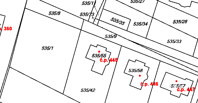 Jirny 445 na parcele st. 535/55 v KÚ Jirny, Katastrální mapa