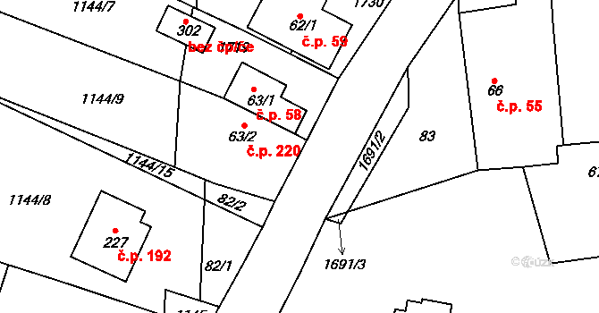 Čejov 220 na parcele st. 63/2 v KÚ Čejov, Katastrální mapa