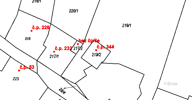 Deblín 344 na parcele st. 219/2 v KÚ Deblín, Katastrální mapa
