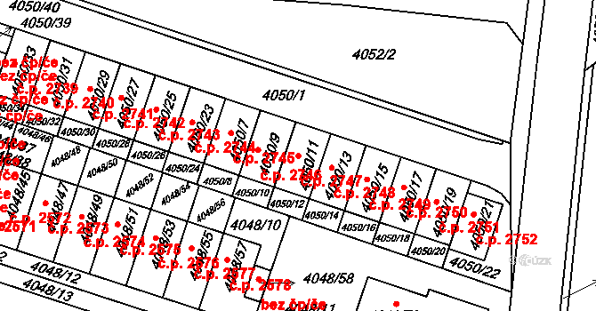 Horní Počernice 2747, Praha na parcele st. 4050/11 v KÚ Horní Počernice, Katastrální mapa