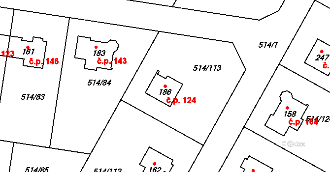Kozinec 124, Holubice na parcele st. 186 v KÚ Kozinec, Katastrální mapa