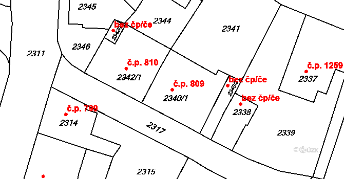 Bruntál 809 na parcele st. 2340/1 v KÚ Bruntál-město, Katastrální mapa