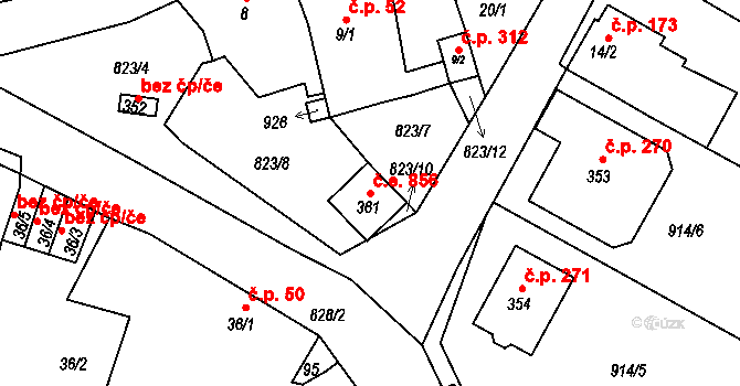 Unčín 856, Krupka na parcele st. 361 v KÚ Unčín u Krupky, Katastrální mapa