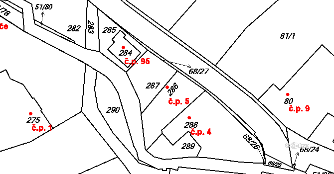 Lhotsko 5 na parcele st. 286 v KÚ Lhotsko, Katastrální mapa