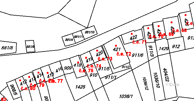 Chvalovice 73 na parcele st. 420 v KÚ Chvalovice, Katastrální mapa