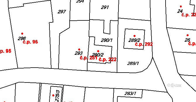 Malé Hoštice 222, Opava na parcele st. 290/2 v KÚ Malé Hoštice, Katastrální mapa