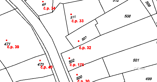 Kobeřice u Brna 32 na parcele st. 507 v KÚ Kobeřice u Brna, Katastrální mapa